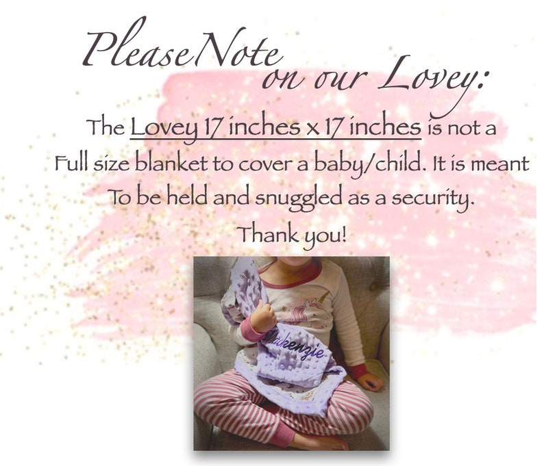 May include: A purple and white lovey blanket with the name "Mackenzie" embroidered on it. The lovey is 17 inches by 17 inches and is shown being held by a child wearing pajamas.