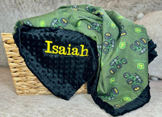 Personalized John Deere Tractor Blanket | Frame Style Border | Birthday Gift | Embroidery | John Deere | Baby Shower Gift | Cotton & Minky