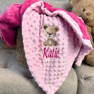 Personalized Name Pink Bear Blanket, Embroidered, Teddy Bear Blanket, Perfect Newborn Baby Gift, You choose minky side, Baby Girl, Pink Baby