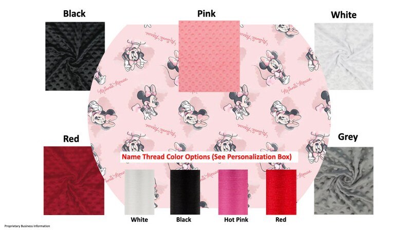 May include: A selection of fabric swatches in various colors, including black, pink, white, red, and grey. The swatches are arranged in a row with the color name printed below each one. The text "Name Thread Color Options (See Personalization Box)" is printed below the swatches.
