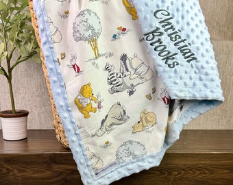 Personalized Winnie the Pooh Baby Blanket | Frame Style Border | Embroidery | Pooh Togetherish | Baby Shower Gift | Disney Cotton and Minky