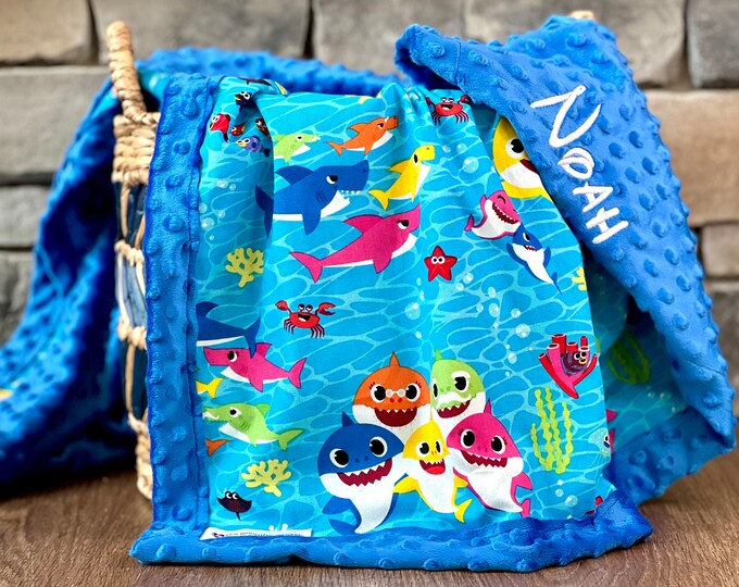 Personalized Baby Shark Blanket Frame Style Border Gift Embroidery Baby