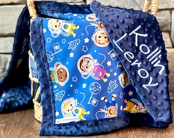 Personalized Outer Space Blanket | Frame Style Border |  Baby Blanket | Embroidery | Baby Shower Gift | Cotton and Minky Blanket