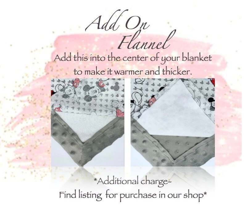 May include: Two images showing a gray and white blanket with a white flannel insert. The text on the image reads "Add On Flannel Add this into the center of your blanket to make it warmer and thicker. *Additional charge- Find listing for purchase in our shop*"