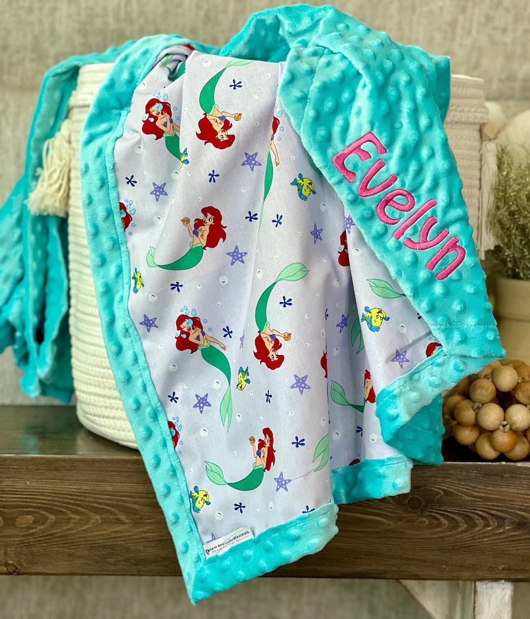 Personalized Little Mermaid Baby Blanket Frame Style Border Embroidery