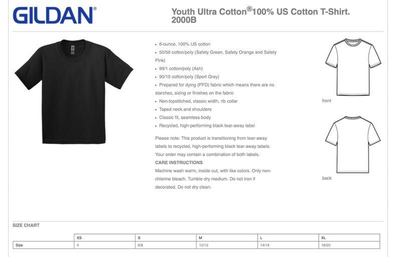 Op de afbeelding: Een maattabel voor ultra katoenen T-shirts voor kinderen. De tabel toont de maten XS, S, M, L en XL met de bijbehorende borstmaten in inches. De T-shirts zijn gemaakt van 100% Amerikaanse katoen en zijn verkrijgbaar in verschillende kleuren.