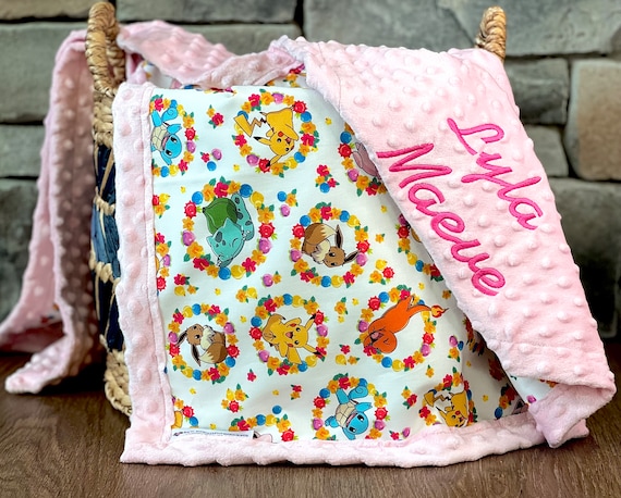 Personalized Pokemon Baby Blanket Frame Style Border Cotton and Minky Embroidery Pokemon Pattern floral Pokemon Baby Child Blanket Etsy