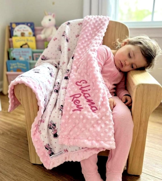 Personalized Minnie Mouse Blanket | Pink Minnie | Frame Style Border | Embroidery | Shower Gift | Pink Bow and Dots | Disney Cotton & Minky