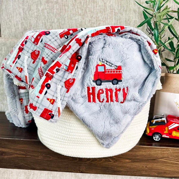 Personalized Fire Truck Blanket, Fire Truck with cuddle back blanket, Embroidery, Newborn gift, Baby Shower Gift, Lush Fire Truck Quilt