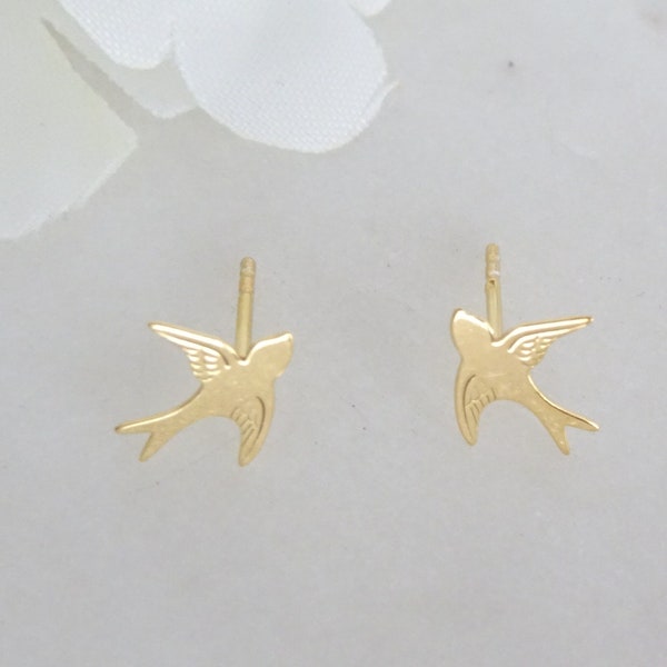 Gold Sterling Silver Swallow Stud Earrings.