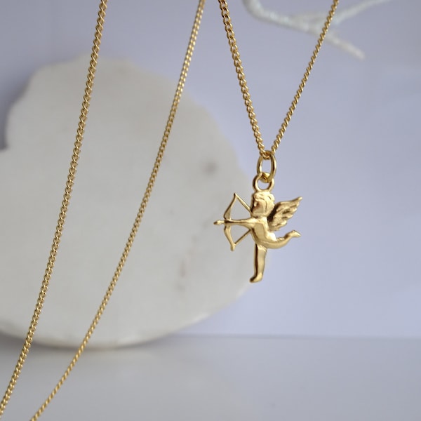 Cupid Gold Necklace. Sterling Silver Gold Plated Amor Necklace. Cupid Vermeil Jewellery. Minimalist Cherub Necklace.