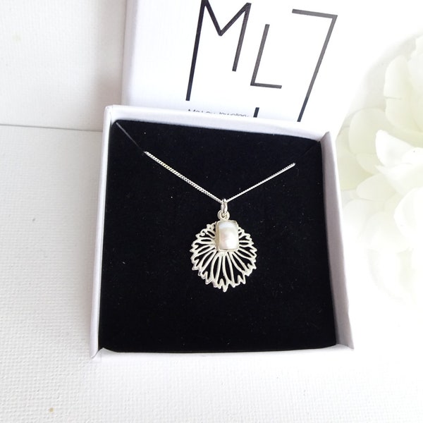 Sterling Silver Flower Pearl Necklace, Elegant Floral Jewelry