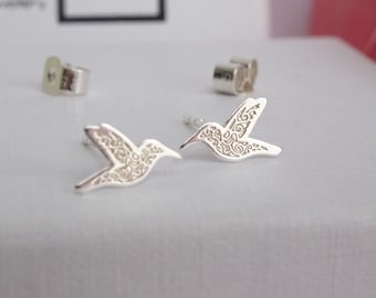 Hummingbird Stud Earrings. Sterling Silver Bird Studs.