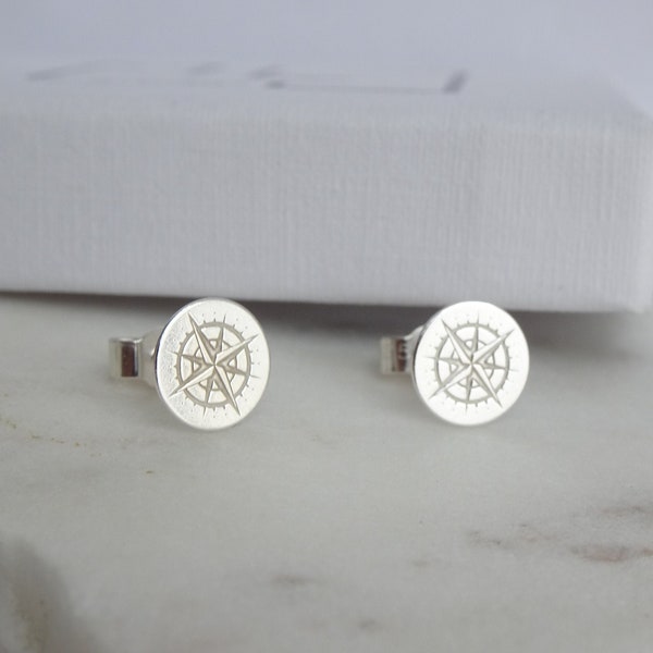 Compass Earrings. Sterling Silver Compass Studs. Graduation Stud Earrings. New Beginning Compass Ear Studs. Minimalist Compass Jewellery.