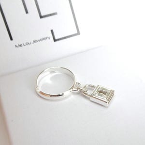 Adjustable Sterling Silver Padlock Ring: Dangle Lock Charm