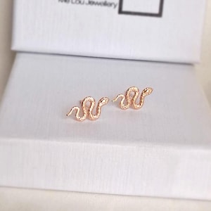 Könnte beinhalten: Ein Paar Ohrstecker aus Roségold in Form von kleinen, gewundenen Schlangen mit texturierten Oberflächen. Die Ohrringe liegen auf dem Deckel einer weißen Schmuckschatulle, die ein teilweises schwarzes Logo und ein quadratisches Rahmendesign zeigt.