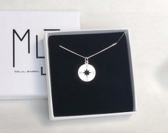 Sterling Silver Compass Necklace with Rose Gold Star, Graduation Gift
