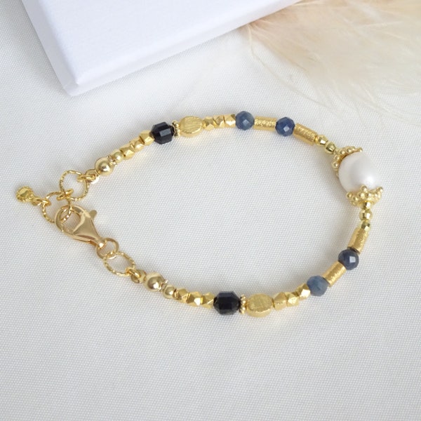 Sapphire Bracelet. Pearl Bracelet. Gold Bracelet. Natural Gemstone Gold Bracelet.