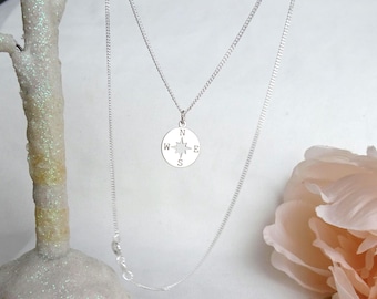 Sterling Silver Compass Necklace, 18k Rose Gold Star, Graduation Gift