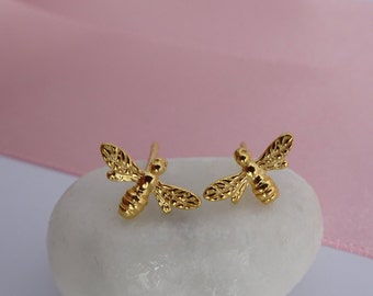 Gold Bee Stud Earrings.  Gold Plated Bee Earrings. Solid Sterling Silver Gold Plated Insect Studs. Minimalist Gold Vermeil Bee Stud Earrings