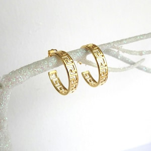 Greek Gold Hoop Earrings. Greek Ornament Gold Huggies. Gold Plated Stud Hoops. Round Gold Open Hoop Earrings. Grecian Earrings.