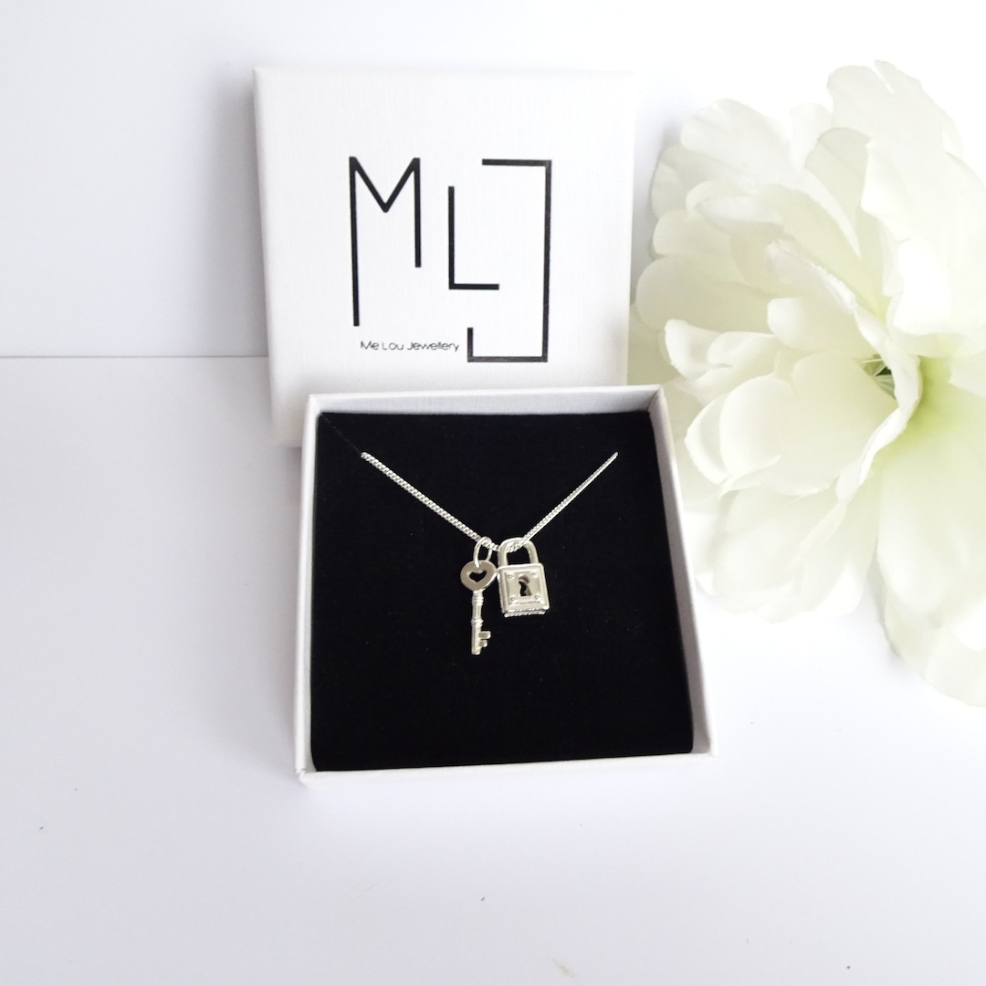 Padlock Necklace. Locker Key Sterling Silver Necklace. Padlock and Key