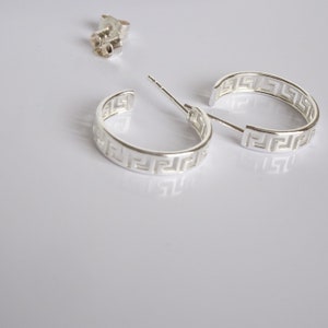 Greek Pattern Sterling Silver Hoop Earrings.