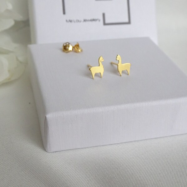 Llama Stud Earrings. Gold Llama Studs. Alpaca Stud Earrings. Gold Alpaca Earrings.