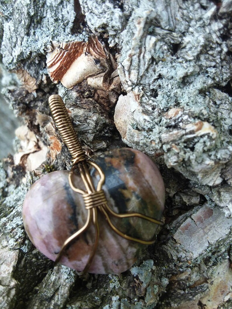 pink camo heart shaped rhodonite pendant Hand wire wrapped