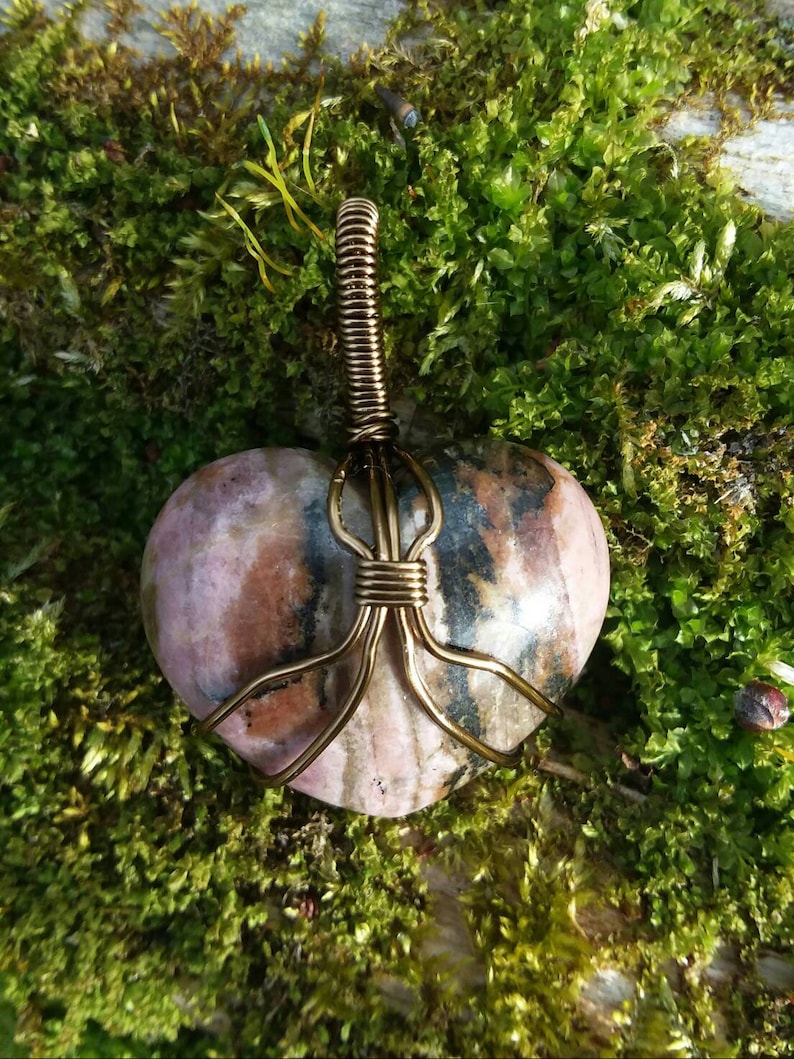 pink camo heart shaped rhodonite pendant Hand wire wrapped