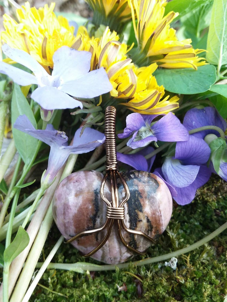 pink camo heart shaped rhodonite pendant Hand wire wrapped