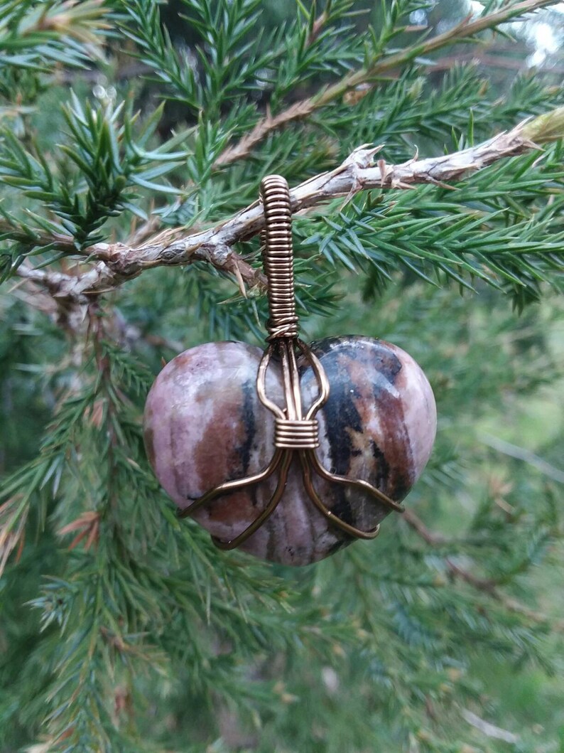 pink camo heart shaped rhodonite pendant Hand wire wrapped