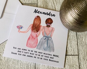 Bridesmaid and maid of honour acceptance cards, personalised for the bride, different hair colours and props to choose from