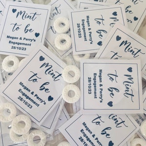 Engagement party favours personalised on high quality white linen card, 2 polo mints, choice of colours, engagement party