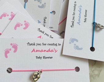 7 Beautiful baby shower wish bracelets with footprint gem, elastic rope and personalised, baby shower favours and decoration