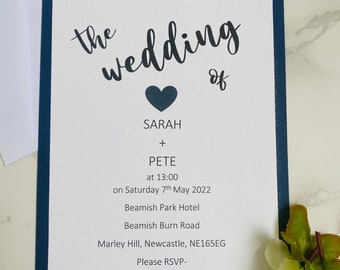 Navy mounted wedding invitation with heart