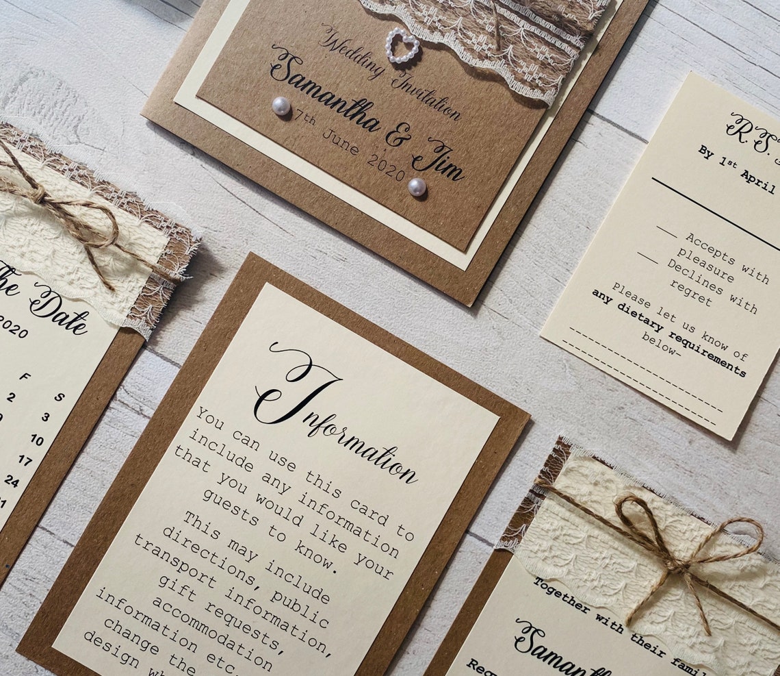 Hermosas invitaciones de boda rústicas a medida con encaje y Etsy España