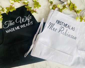 Beautiful personalised wedding day aprons black or white