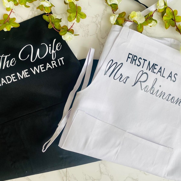 Beautiful personalised wedding day aprons black or white