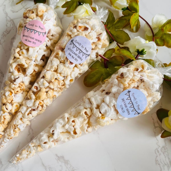 Ready to pop baby shower popcorn cones with personalised sticker and band to tie, choice of colours filled with delicious sweet popcorn