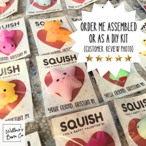 12 Squish Valentine Cards PRINTED Classroom Valentines Day Card Class School Non Candy Fidget Toy Girl Valentines Personalized DIY Assembled