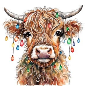May include: A watercolor painting of a Highland cow with a festive garland of colorful Christmas lights around its head and neck.
