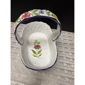 Hand-Painted Portugal Floral Ceramic Basket With Braided Handle