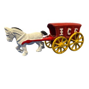 Vintage Cast Iron Horse-Drawn Ice Wagon Toy With Yellow Wheels & Red Cart