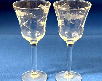 Vintage Etched Louie Weston Crystal Cordial ~ Wine Glasses Set Of 2  5 3/4”