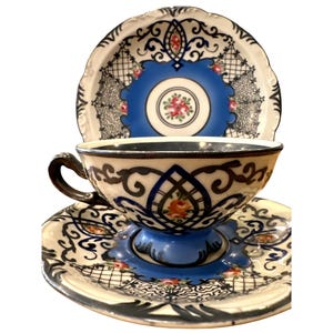 Handgemalt German Blue Floral Hand Painted and Numbered  3 piece Tea Set