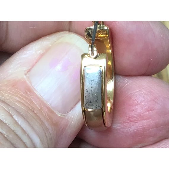 Gold toned earrings with rectangular silver toned… - image 6