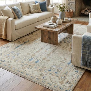 Alfombra tradicional Oushak color crema - Alfombra anudada a mano con el Árbol de la Vida - Decoración botánica de sauce en tonos pastel - Elegante y lujosa pieza decorativa para el suelo