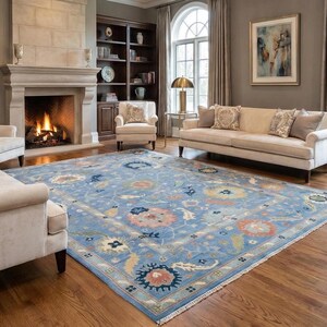 Blue Oushak Carpet I Floral Turkish Style Oriental Rug | Boho Farmhouse Decor