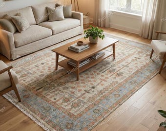 Alfombra de lana anudada a mano, suave, color verde salvia con borde marfil, alfombra tradicional Oushak, acento natural para la decoración de la sala de estar.